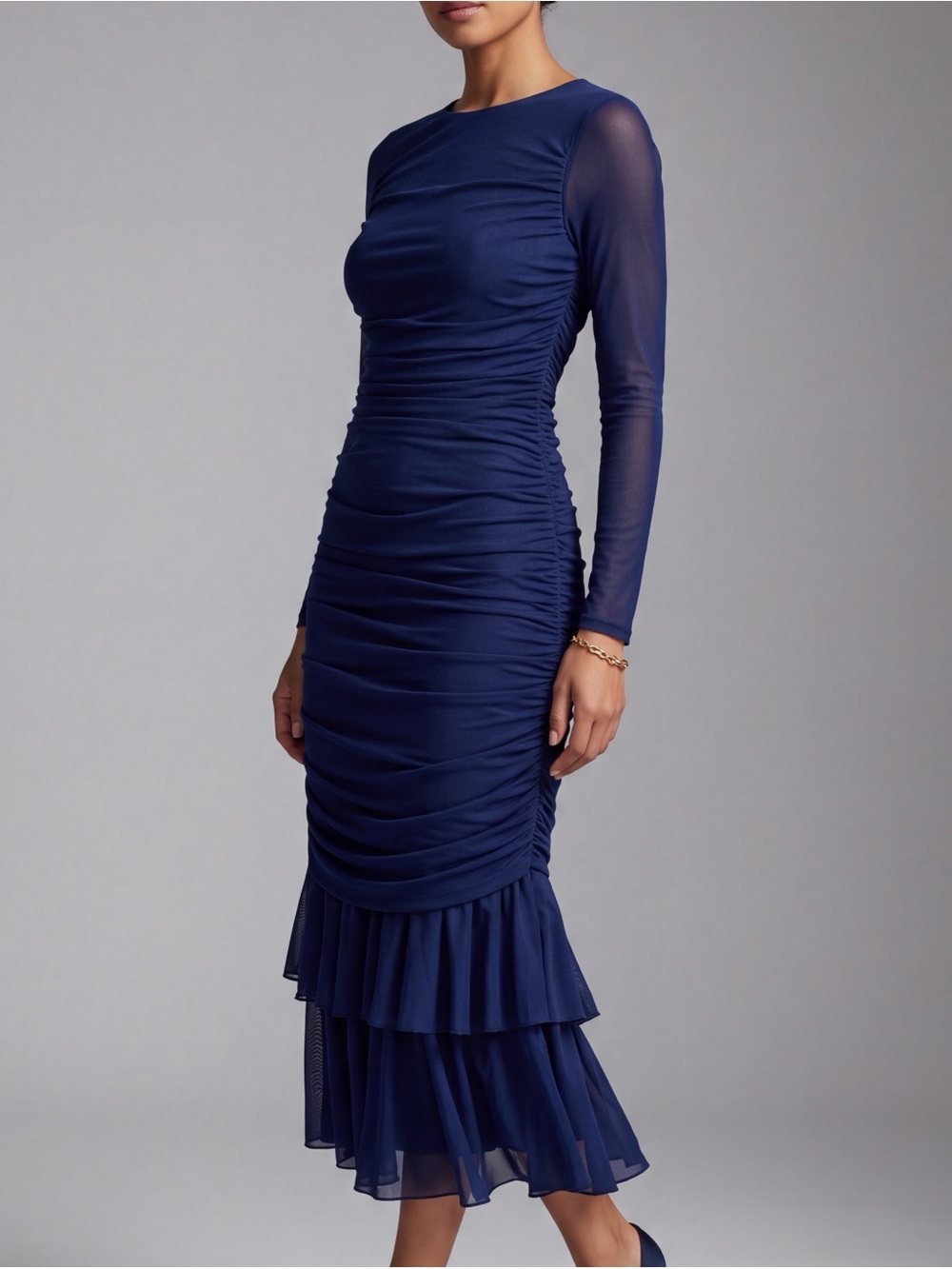 Navy Long-Sleeve Ruched Midi Dress Size L NWOT